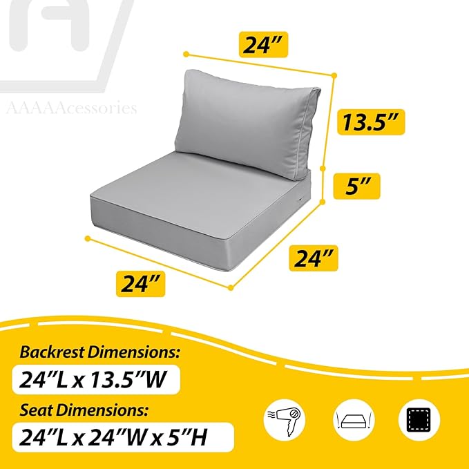 AAAAAcessories Outdoor Deep Seat Cushions, Waterproof, Fade-Resistant Patio Furniture Replacement Cushions, 24" x 24" x 5" + 24" x 13.5", Set of 4, Gray