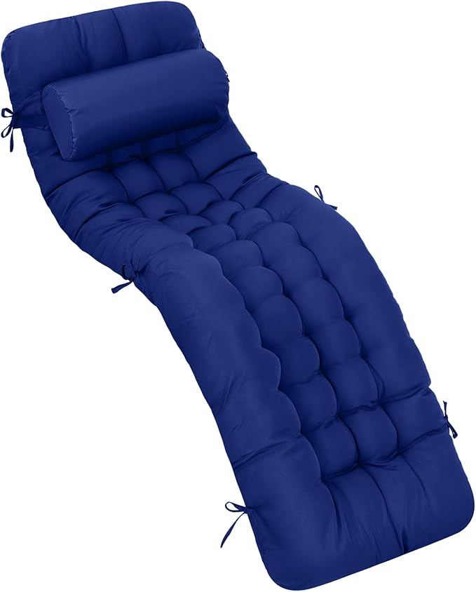 Tudomro 1 Pcs Blue 66'' Outdoor Chaise Lounge Cushion Waterproof Patio Lawn Pool Chaise Lounge Cushion with Headrest Pillow & Ties Weather Fade Resistant Replacement Longue Chair Pad