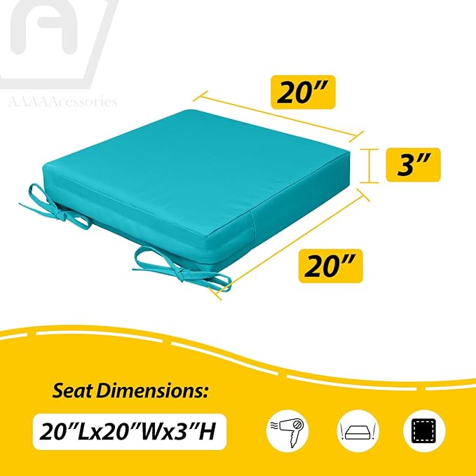 AAAAAcessories Outdoor Seat Cushions for Chairs, Waterproof, Fade-Resistant, 20" x 20" x 3", Patio Furniture Replacement Cushions, Set of 2, Turquoise Blue