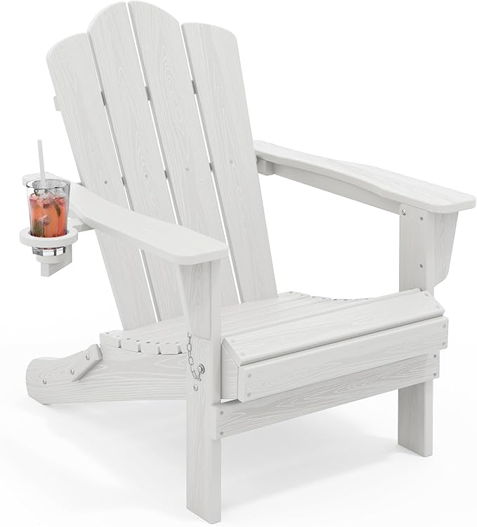 KINGYES Folding Adirondack Chair, HDPE All-Weather Patio Chairs with Cup Holder, Wooden Textured Fire Pit Chairs for Poolside, Backyard, Deck, White