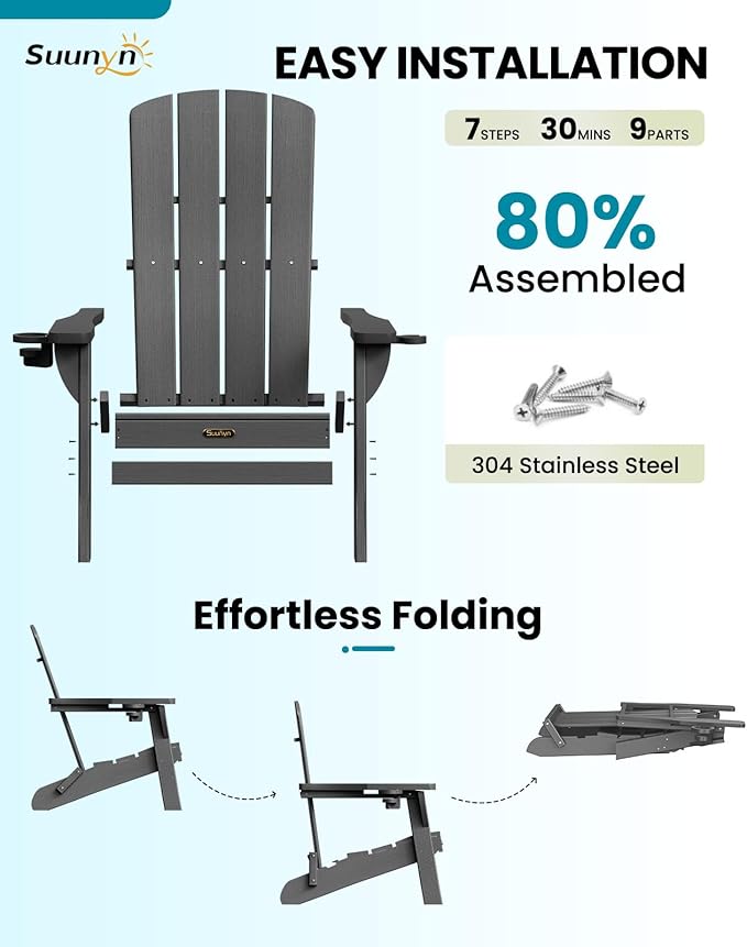 Folding Adirondack Chair 6 Pack, HDPE All-Weather Fire Pit Chairs, Plastic Adirondack Chairs with 2 Cup Holder, Outdoor Lawn Chair for Patio Garden (Grey)