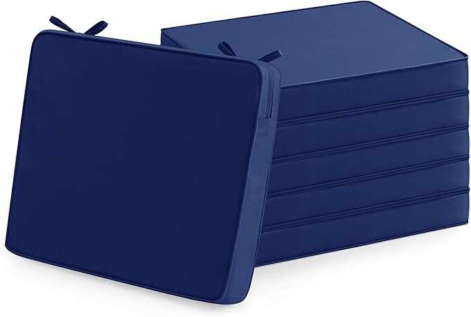 Outdoor Chair Cushions Set of 6: Waterproof & Color Fastness Seat Cushion for Patio Furniture - 22 x 22 x 3 Inch Chair Pads with Ties and Hidden Zipper - Patio Chair Cushion Replacement, Navy