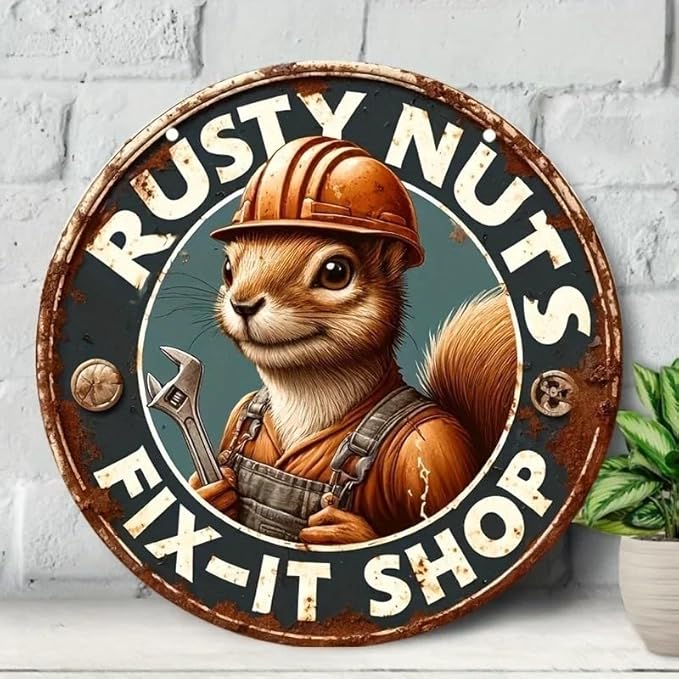 Metal Retro Shell Gasoline Wall Art, Creativity Art Decorations, Garden Sign Outside Decor，Wall Sculpture， Hanging Sculpture for Living Room Dining Room Bedroom Yard Outdoor Decor (Squirrel Worker)