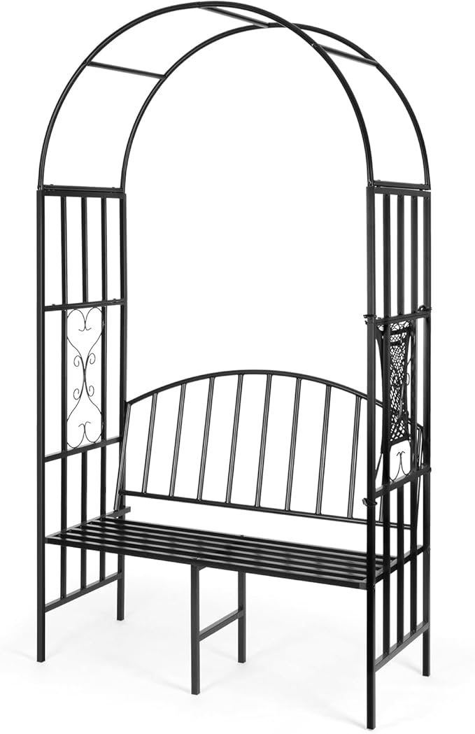 Garden Arch Heavy Duty Arbor with Bench Holds 660lbs | Metal Arbor Archway for Climbing Plant & Two People Seat Bench |Outdoor Lawn Backyard Decor, Black