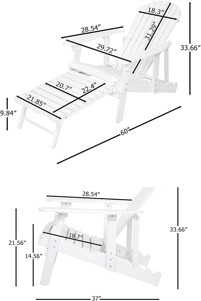 Merax Folding Adjustable Acacia Wood Adirondack Chairs, Water Proof with Retractable Ottoman Outdoor Wooden Lounge Reclining Chair for Garden, Patio, White