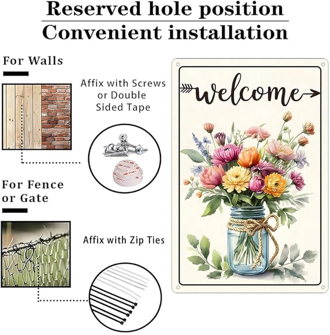 Funnysign Vintage "Welcome" Tin Sign – Rustic Floral Bouquet in Mason Jar – Metal Wall Decor for Home, Porch, Garden – 8x12 Inches (9821)