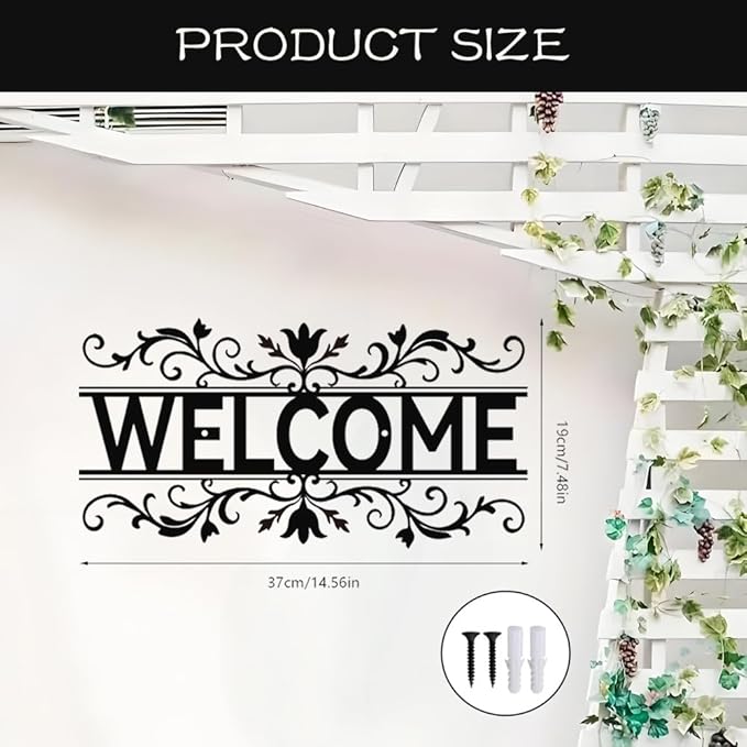 Metal Welcome Signs for Front Door- Elegant Black Metal Letter Wall Decor, Welcome Door Sign Wall Hanging Decors for Front Porch/Living Room/Kitchen/Office, Waterproof Outdoor Garden Fence Art Sign