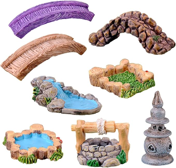 MAOMIA 8 Pcs Mini Lighthouse Water Well Bridge Figurines Miniature Gardening Pool Lawn Running Water Terrarium Stone Bridge Figurine Micro Landscape Indoors Outdoors Decorative Accessory