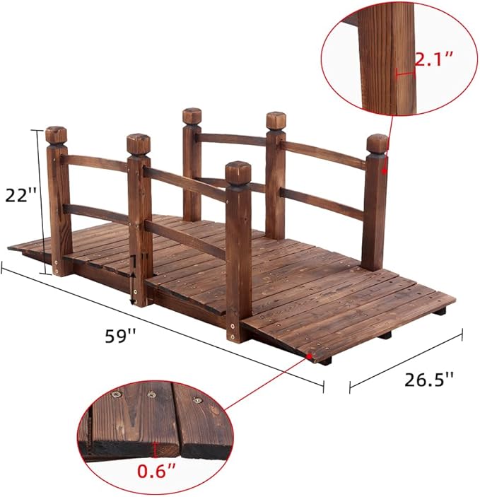 59in Garden Wood Bridges,Courtyard Outdoor Landscape Bridge,Wooden Arch Bridge,Decorative Garden Arch Footbridge,with Handrail,for Outside, Backyard, Pond, Lawn, Walkway, Yard, Path (Brown)