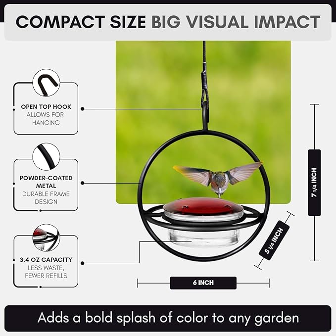 Hummingbird Feeder for Outdoors Hanging, 3.4 OZ Hummingbird Feeders, Glass Bowl with 4 Feeding Ports, Leak Proof Lid & Circular Perch, Bird Feeder (3, Black)