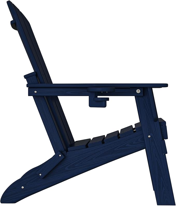 Plawdlik Folding Adirondack Chair Set of 6 with Cup Holder，Wooden Textured ，Heavy All-Weather HDPE Comfortable Set Poolside Backyard Lawn, Navy