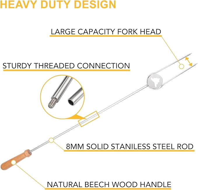 Heavy Duty Roasting Sticks for Hotdogs, Marshmallows and Smores, 32" Long Solid Stainless Steel Skewers for Campfire and Fire Pit, Dishwasher Safe