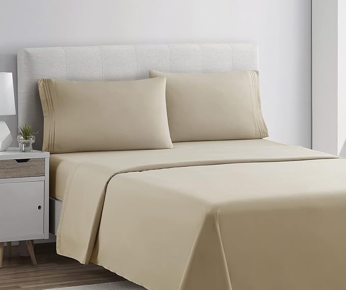 Clara Clark Bed Sheets, Premier 1800 Series 4 Piece Bed Sheet Set, Deep Pocket, Wrinkle, Fade, Stain Resistant, Luxury Soft Bedding Sheets & Pillowcases, King, Beige Cream