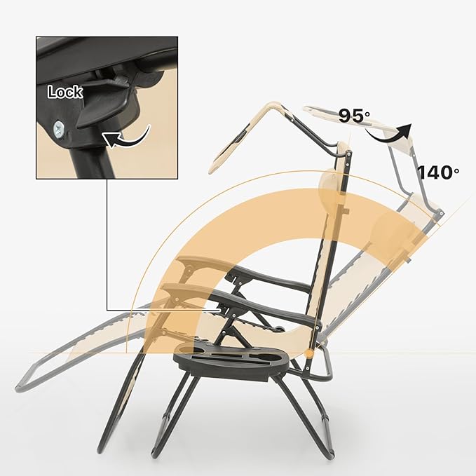 Magshion Zero Gravity Chair with Canopy Set of 2, Reclining Outdoor Patio Lounge Chair, Folding Anti Gravity Recliner, Portable Lounger with Removable Cup Holder Side Tray and Pillow Headrest (Cream)