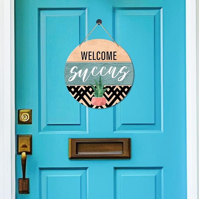 Muktoujaumai Welcome Sign Front Door Decor, Welcome Round Hanging Sign Decor Boho Decorations Succulent Wall Wood Sign for Door, Porch, Home, Plant Lover Gift, Welcome Succas