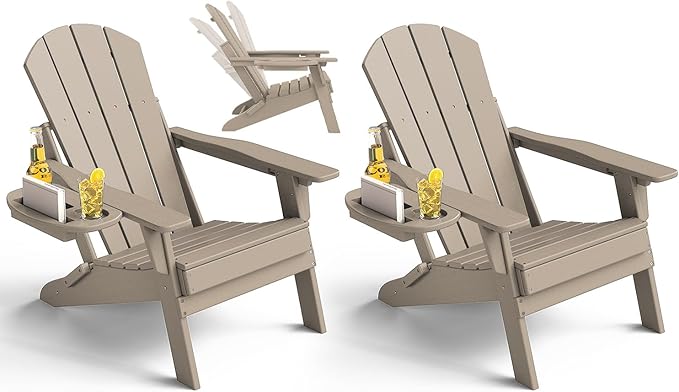 Adjustable Adirondack Chair Set of 2 with Cup Holder, All Weather HDPE Fire Pit Chairs for Deck, Backyard, Patio, Brown