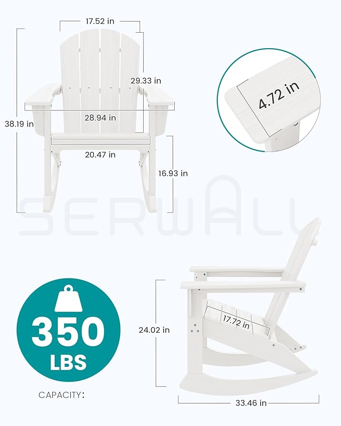 SERWALL Outdoor Adirondack Rocking Chair, All-Weather HDPE Adirondack Rocker Chair, Front Porch Rocker Chairs for Patio Lawn Porch Deck, White