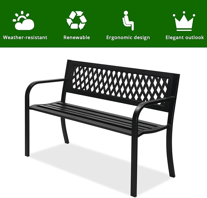 Outvita Outdoor Bench, 47" Metal Garden Bench Patio Park Furniture with Plastic Backrest Powder-Coated Chair Yard Entryway Deck Porch Black