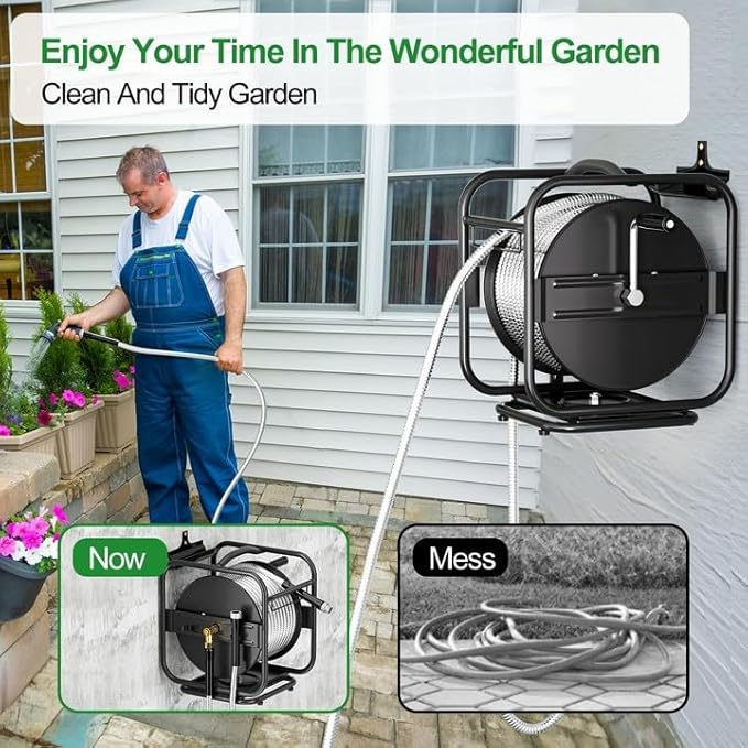 SPECILITE Heavy Duty Metal Garden Hose Reel With 100 Ft 304 Stainless Steel & Aluminum Nozzle, Wall Mount/Floor Water Pipe Spool, 360° Rotation Frame, Winder Combo, Black