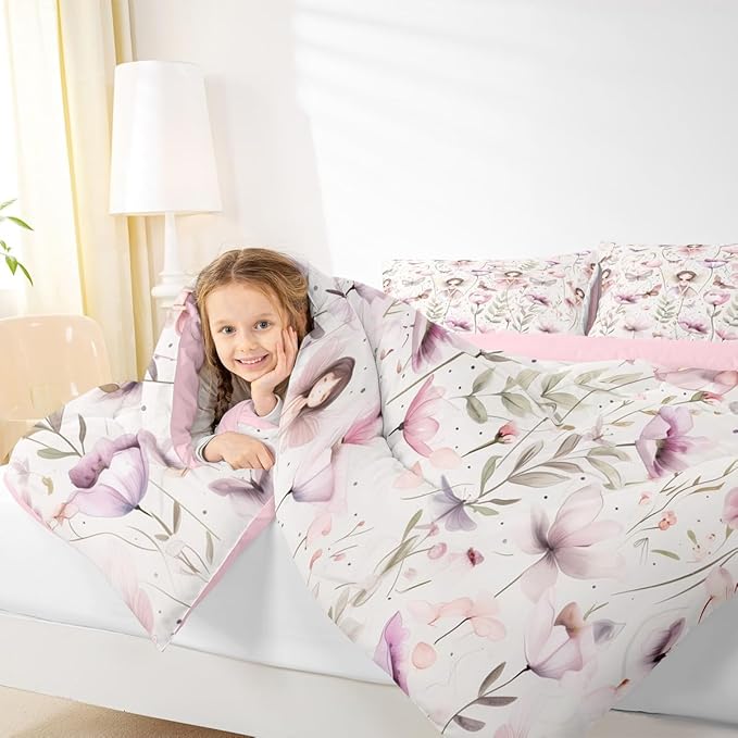 Erosebridal Fairy Garden King Bedding Set - Butterfly & Floral Comforter Set for Kids Girls, Purple Pink Flower Butterflies Quilt | Whimsical Fairies Bedroom Decor with 2 Pillowcases