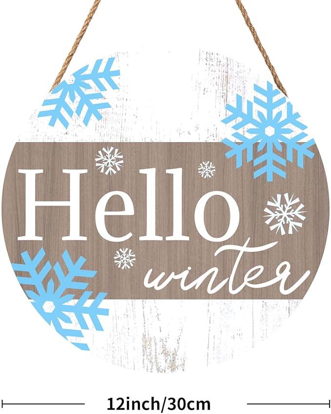 Blue Snowflakes Door Sign For Front Door Decor,Hello Winter Wooden Sign 12"x 12" Round Wood Hanging Door Sign Winter Decoration for Wall Rustic Decor