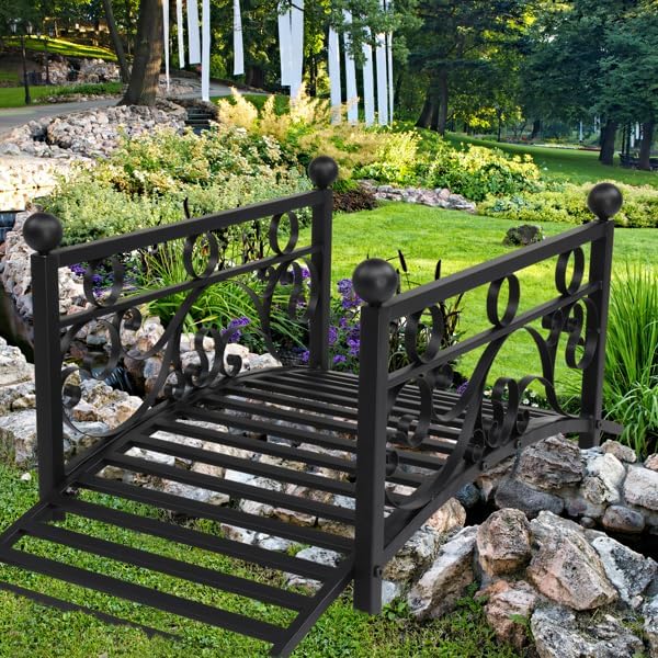 Black Matte Garden Bridge, Iron Bridge Black,Garden Bridge Metal Yard Arch Path Bridge, Ourdoor Decorative Black Iron Foot Bridge for Pond and Backyard Landscaping 40.15" L x 20" W x 17.12" H