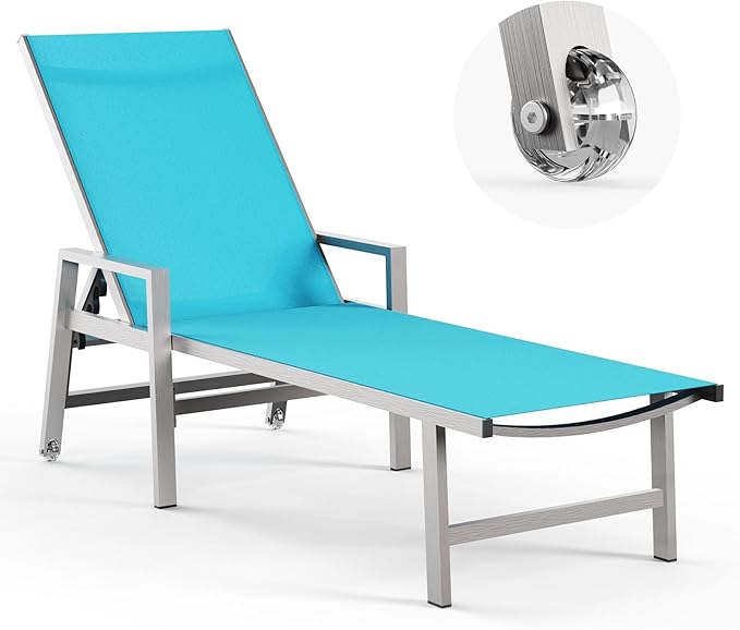 Patio Chaise Lounge Chair Outdoor with Wheels&Armrests, Aluminum Pool Lounge Chairs 5-Position Adjustable Recliner, Outdoor Beach Lounge Chairs for Poolside, Patio, Deck, Yard, Lake Blue