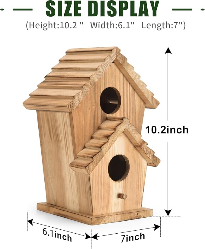 Bird Houses for Outside, Wooden Outdoor 2 Hole Bird House, Can Accommodate 2 Bird Families Suitable for Bluebird,Finch,Cardinals, Garden Hanging Birdhouse No Assembly Required
