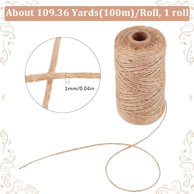 100M/328 Feet Natural Jute String 1mm Thin Macrame Rope Linen Twine Hemp Handmade Garden Wrapping Packing Hanging Roll Thread Cord for Gardening Home Gift Packing Wrapping Craft Decoration