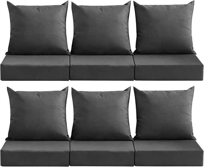 Outdoor Deep Seat Cushion Set, 24x24 Inch Water-Resistant & Fade-Resistant Outdoor Chair Cushions, Patio Furniture Cushions with Removable Cover for Patio Chair, Sofa, Dark Grey (Set of 6)