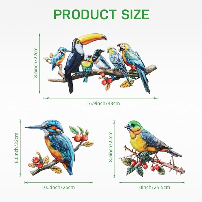 3 Pcs Metal Birds Wall Art Garden Decor, 3D Colorful Birds Outdoor Wall Art Yard Patio Fence Decoration, Hummingbird Parrot Toucan Wall Hanging Sculpture Outside Gift for Women Mom