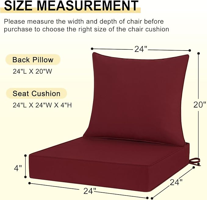 downluxe Outdoor Chair Cushions 24x24 with Removable Cover, Waterproof Patio Furniture Cushions, Deep Seat Cushions for Outdoor Furniture with Backrest for Sofa, Couch and Patio Chairs, Burgundy