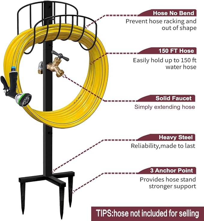 Freestanding Garden Hose Holder Stake with Brass Faucet, Heavy Duty Metal Water Pipe Storage Stand Rack for Outdoor