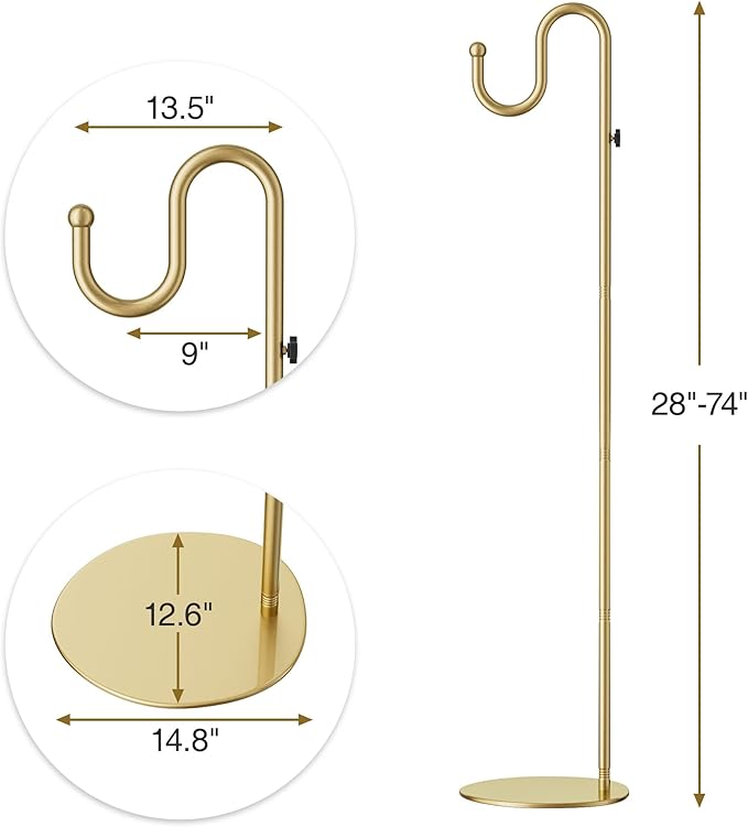 74" Gold Shepherds Hook Stand–Adjustable Free Standing Pole Holder for Hanging Bird Feeders, Plants, Lanterns, Wreaths, and Wind Chimes, Heavy Duty Base for Indoor & Outdoor Use, Holds Up to 20 LBS