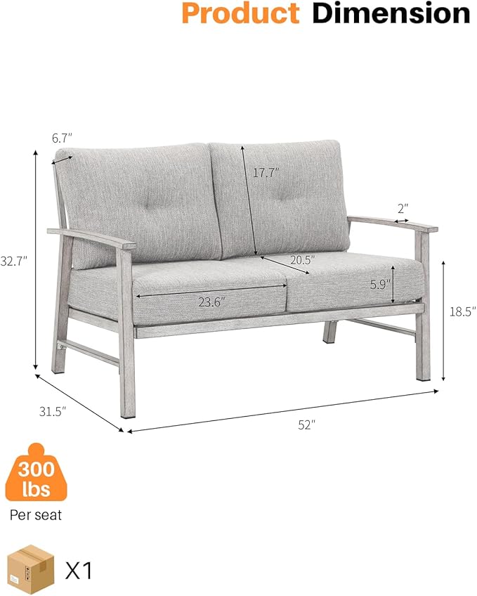 Patio Furniture Loveseat Sofa, Outdoor Aluminum Patio Couch with 5.9'' Soft Cushion, All-Weather 2 Seats Outdoor Furniture Sofa Couch for Garden, Poolside, Lawn, White Oak