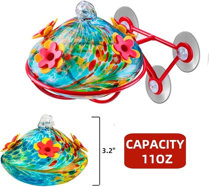 Window Hummingbird Feeder - Hand Blown Glass Mounted Hummingbird Feeder with Strong Suction Cups for Outdoor Window Mount (Blue)
