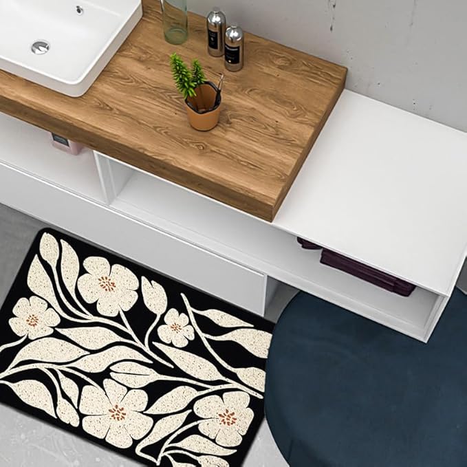 Boho Beige and Black Floral Door Mat - Bohemian Neutral Floral Front Door Welcome Mats Outdoor Entrance, 17x30 Rug