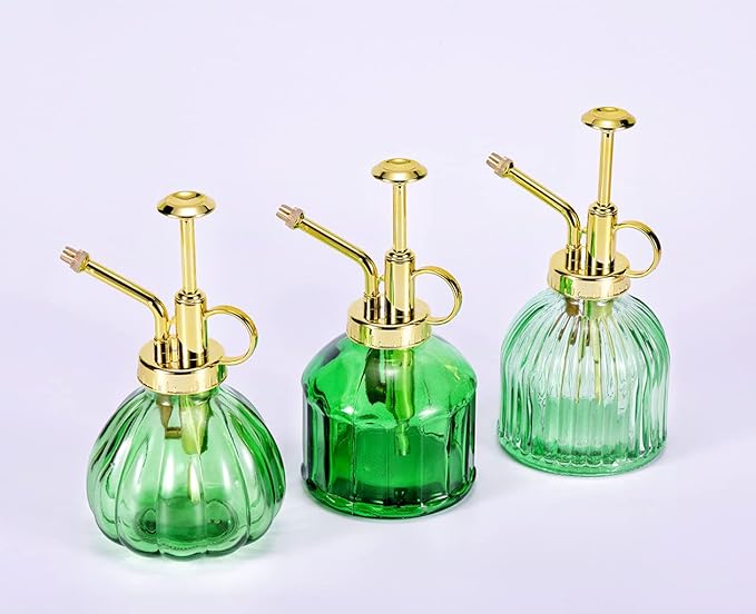 Glass Plant Mister Spray Bottle, 6.5" Green Glass Water Spray Bottle with Gold Top Pump Small Watering Can, Small Plant Sprayer Mister for Indoor Outdoor House, Green+Gold (Green+Gold C)