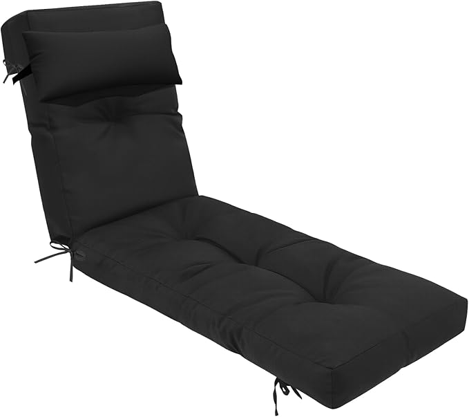 Waterproof Lounge Chair Cushion Outdoor for Chairs, Fade Resistant Chaise Lounger Replacement Cushions with 6 Ties, Thickened Memory Foam Pool Lounge Chair Cushions, 76 x 22 x 4.7 Inches, Black
