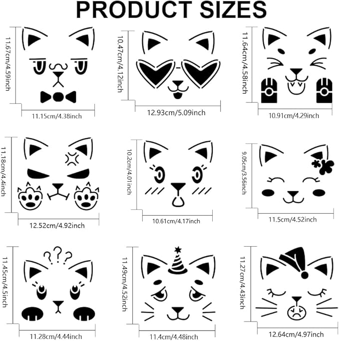 MAYJOYDIY 9pcs Cat Emotion Stencil 6×6inch Cute Cat Face Stencil Reusable Animal Pet Cat Themes Drawing Template with Paint Brush for Art Crafts Canvas Furniture Wall Wood