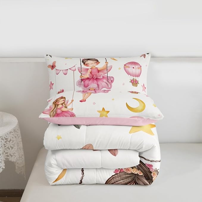 Erosebridal Pink Fairy Floral Full Bedding Set - Cute Fairies Comforter Set for Girls Kids, Moon and Stars Quilt | Flower & Butterfly Kawaii Bedroom Decor with 2 Pillowcases
