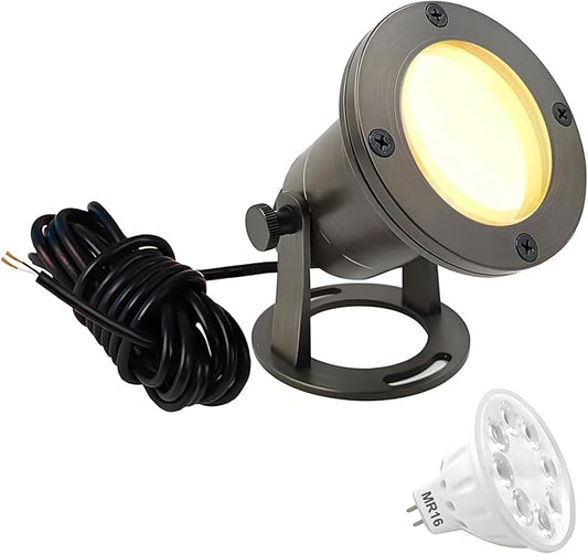 Brass Pond Light LED Underwater, Water Fountain Light Waterproof, Submersible Lights with 5W MR16 LED Bulb 2700K, 12V Low Voltage Landscape Lighting for Outdoor Garden Pond, Pool, Waterfall