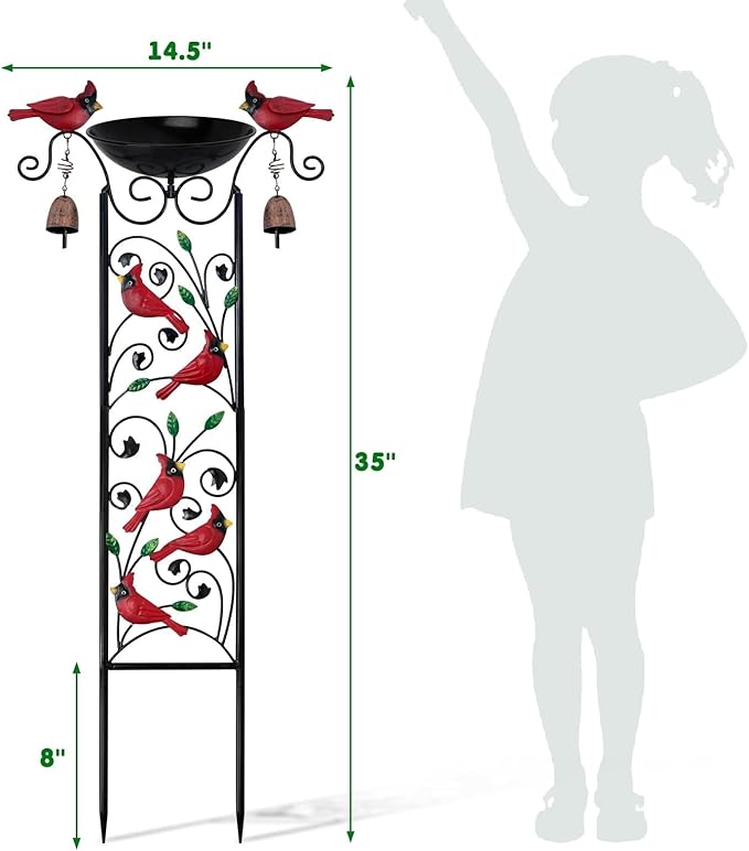 Cardinal Bird Bath Garden Trellis for Climbing Plants Outdoor Wind Chime Decor Red Birds Feeder Yard Sign Spring Lawn Decorations Housewarming Christmas Appear Memorial Gift for Bird Watcher Gardener
