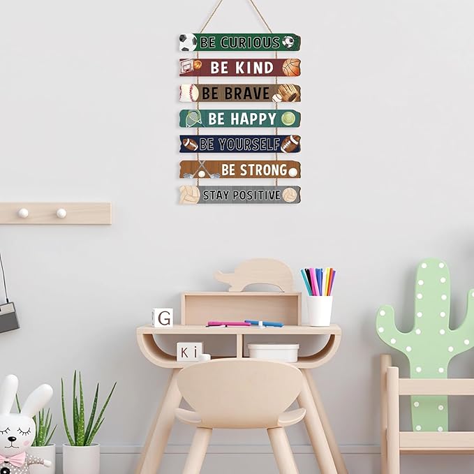 HLNIUC Sport Themed Wood Sign(11”x2”) Basketball Motivational Sayings Wall Decor,Inspiring Be Curious Be Kind Hanging Plaque,Be Yourself Classic Hanging Sign for Boys Kids Room Playroom Nursery Decor