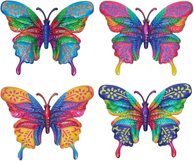 4 Pcs Butterfly Wall Decor Art, Metal Butterflies Outdoor Wall Art with Colorful Leaves, Hand Painted Outdoor Decor for Garden, Yard, Fence, Patio Decoration