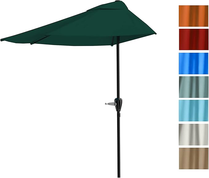 Half Umbrella Outdoor Patio Shade - 9 ft Half Patio Umbrella with Easy Crank - Small Canopy for Balcony, Table, or Deck by Pure Garden (Hunter Green)