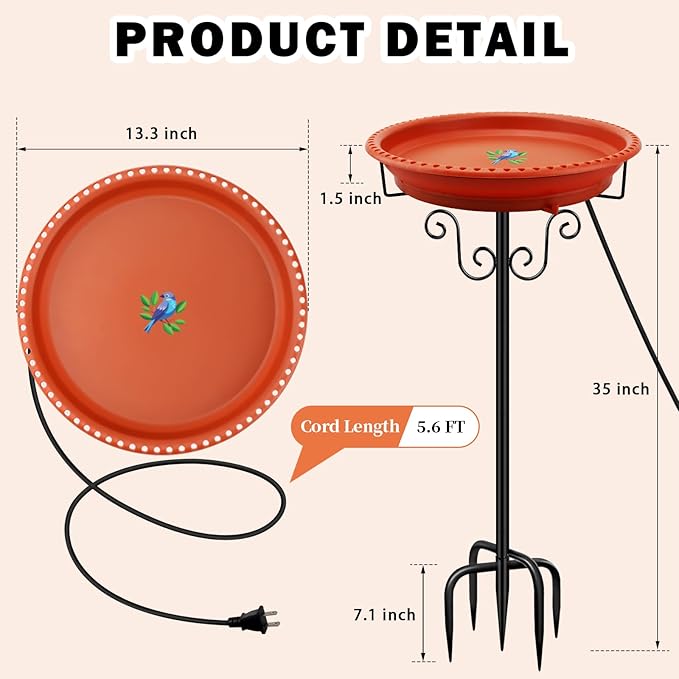 Heated Bird Baths for Outdoors for Winter, Lovppy 100W Heated Bird Bath Water Heater with Thermostatically Controlled, Heated Bird Baths Bowl with Metal Stake for Outside Garden Patio Yard (Brown)
