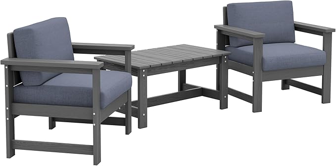 SERWALL 3 Pieces HDPE Outdoor Sofa Bistro Set with Cushions, Outdoor Furniture Sofa Sets with Coffee Table and Cushions, All Weather Conversation Social Set, Grey Frame and Grey Cushion