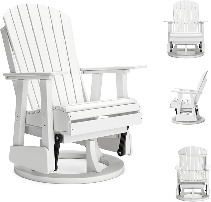 Signature Design by Ashley Hyland Wave Outdoor Casual Swivel Glider Adirondack Chair with 360-Degree Swivel, Weather Resistant HDPE, 18" Seat Height, White