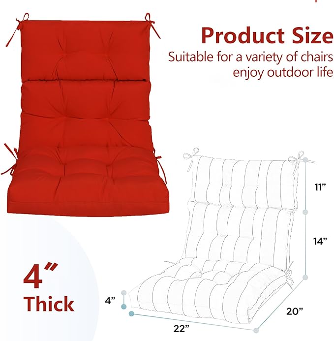 High Back Chair Cushions Set of 2, Adirondack Chair Cushion with Waterproof, Rocking Chair Cushion for Outdoor Patio, Garden Porch 45”x 22”x 4 (2, Red B)